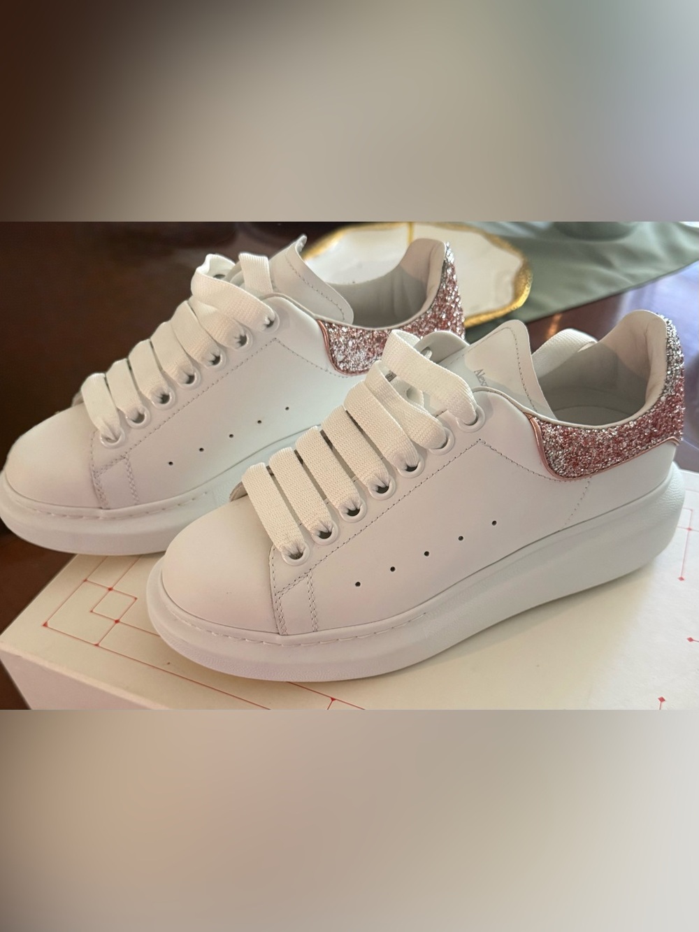 Alexander McQueen White Leather Sneakers with Rose Gold Glitter Heel